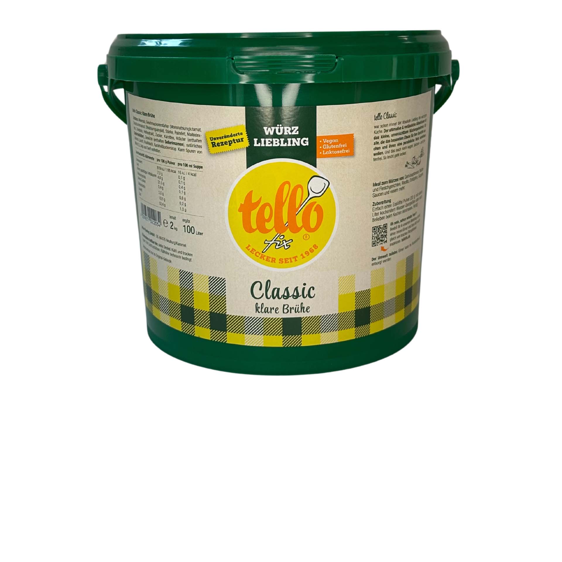 Grüner Eimer der Marke Tellofix mit der Aufschrift „Classic klare Brühe“. Auf dem Etikett steht „Würzliebling“ sowie „Vegan, Glutenfrei, Laktosefrei“. Der Inhalt beträgt 2 kg und ergibt 100 Liter Brühe. Das Design zeigt ein gelb-grünes Karomuster, Nährwer