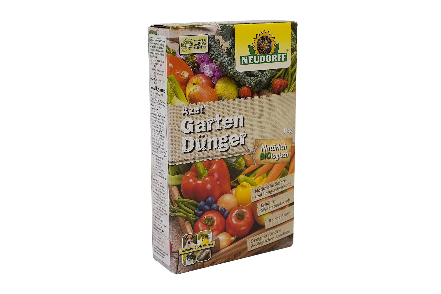 Kartonverpackung von „Neudorff Azet GartenDünger“, 1 kg. Die Verpackung zeigt buntes Gemüse wie Paprika, Möhren, Tomaten, Zwiebeln, Blaubeeren, Bohnen und Erdbeeren. Beschriftung: „Natürlich BIOlogisch“, „Natürliche Sofort- und Langzeitwirkung“, „Erhöhte 