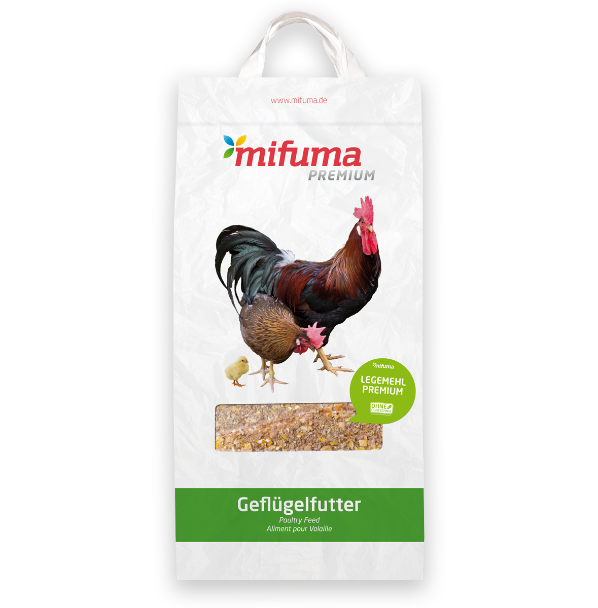 5 kg Verpackung Mifuma Legemehl Premium Geflügelfutter mit Hahn, Henne und Küken auf der Vorderseite, Sichtfenster mit Futterinhalt.