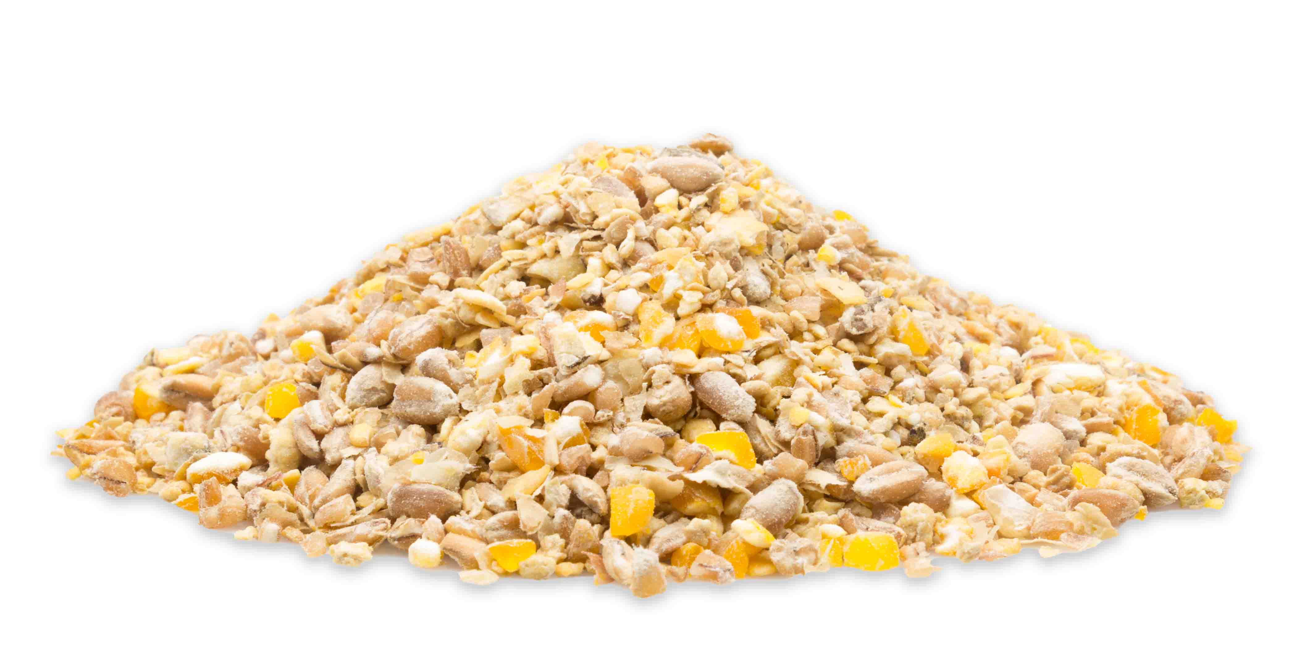 Haufen aus groben Körnern, Pellets und Getreidekörnern in verschiedenen Gelb- und Beigetönen auf weißem Hintergrund, Produktbild von Mifuma Legemehl Premium