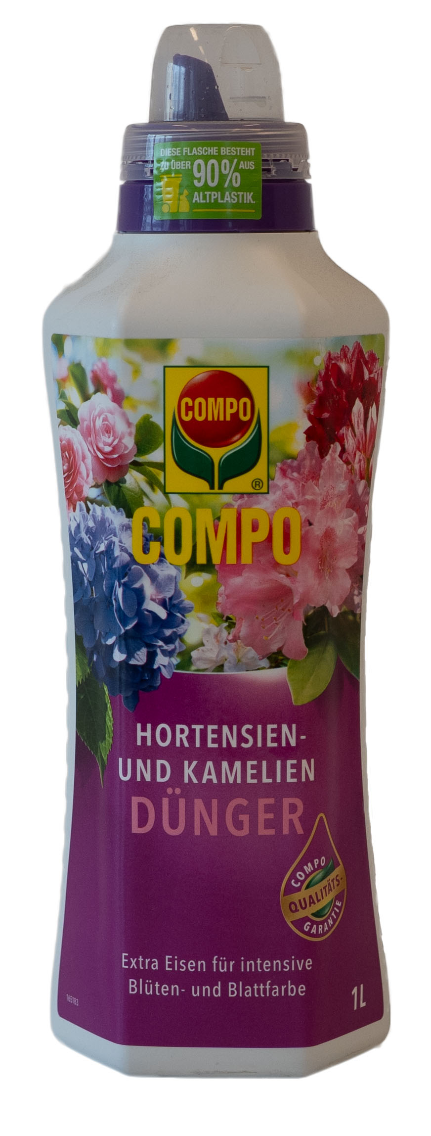 Flasche COMPO Hortensien- und Kamelien Dünger mit pinkem Etikett, 1 Liter.