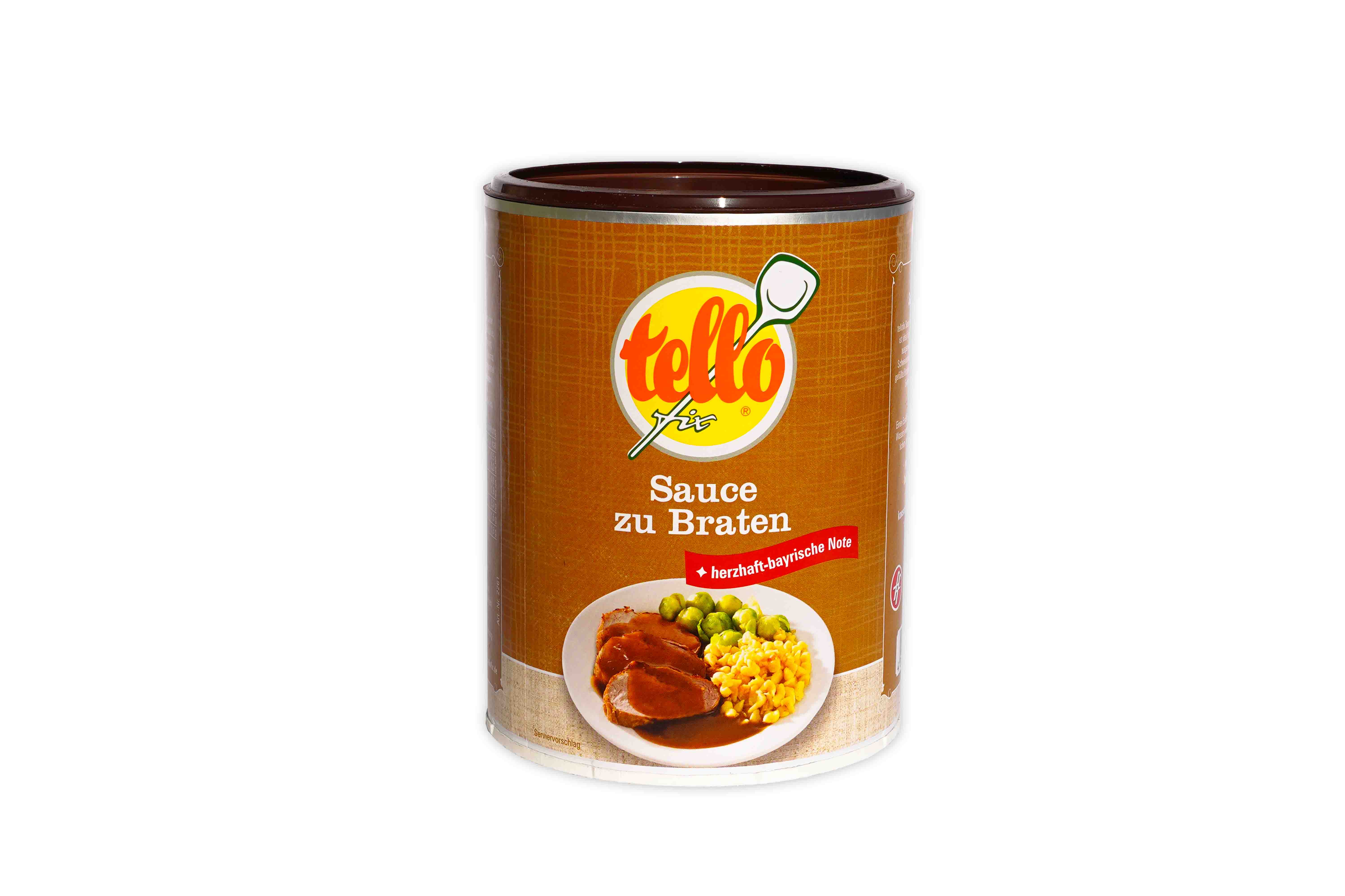 Tello-fix Sauce zu Braten, 800 g Dose – herzhafte Bratensoße mit bayerischer Note, abgebildet mit Fleisch, Spätzle und Gemüse auf dem Etikett.
