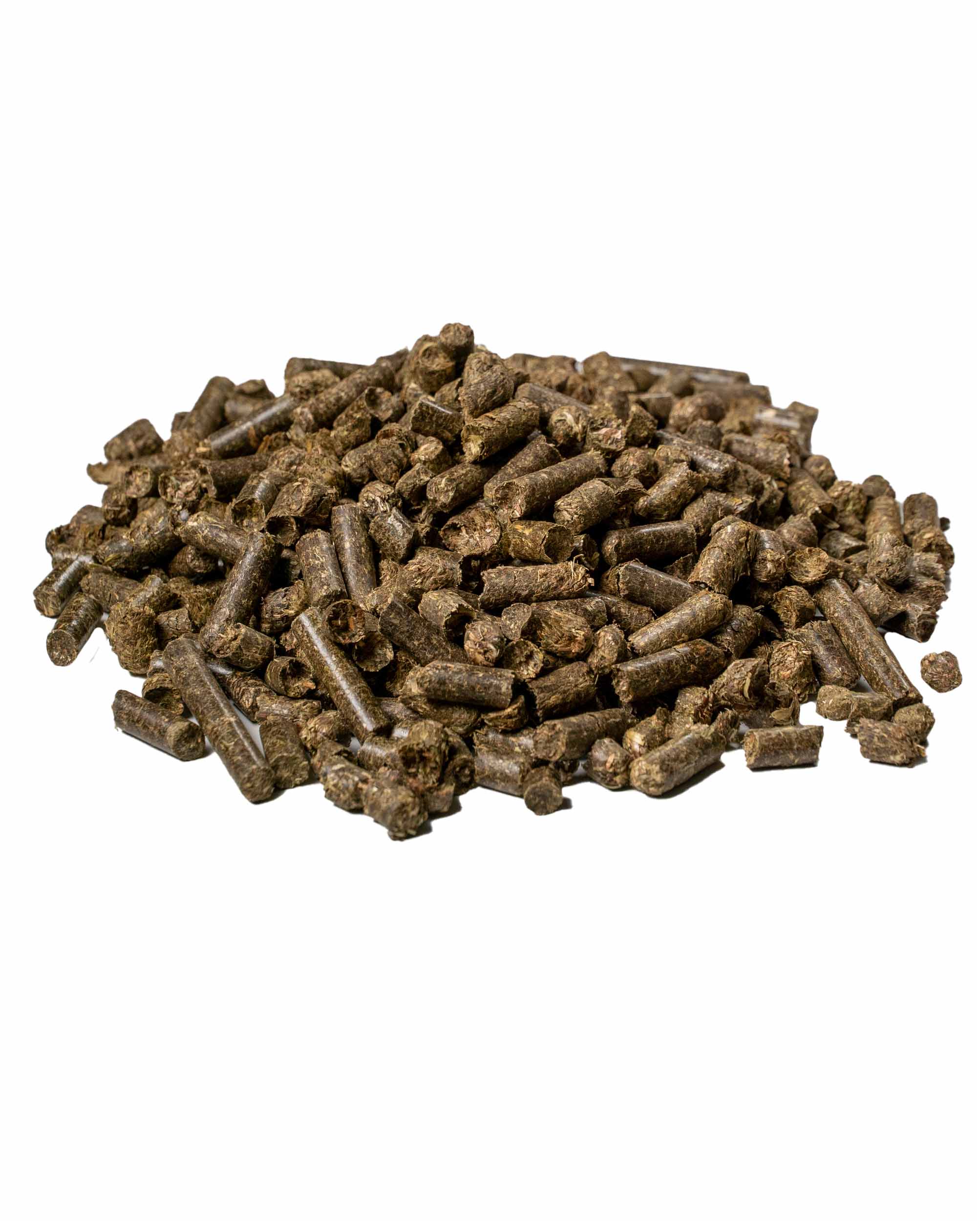 Ein Haufen dunkler Grascobs-Pellets auf weißem Hintergrund. Die Pellets sind zylindrisch und bestehen aus gepresstem Gras.