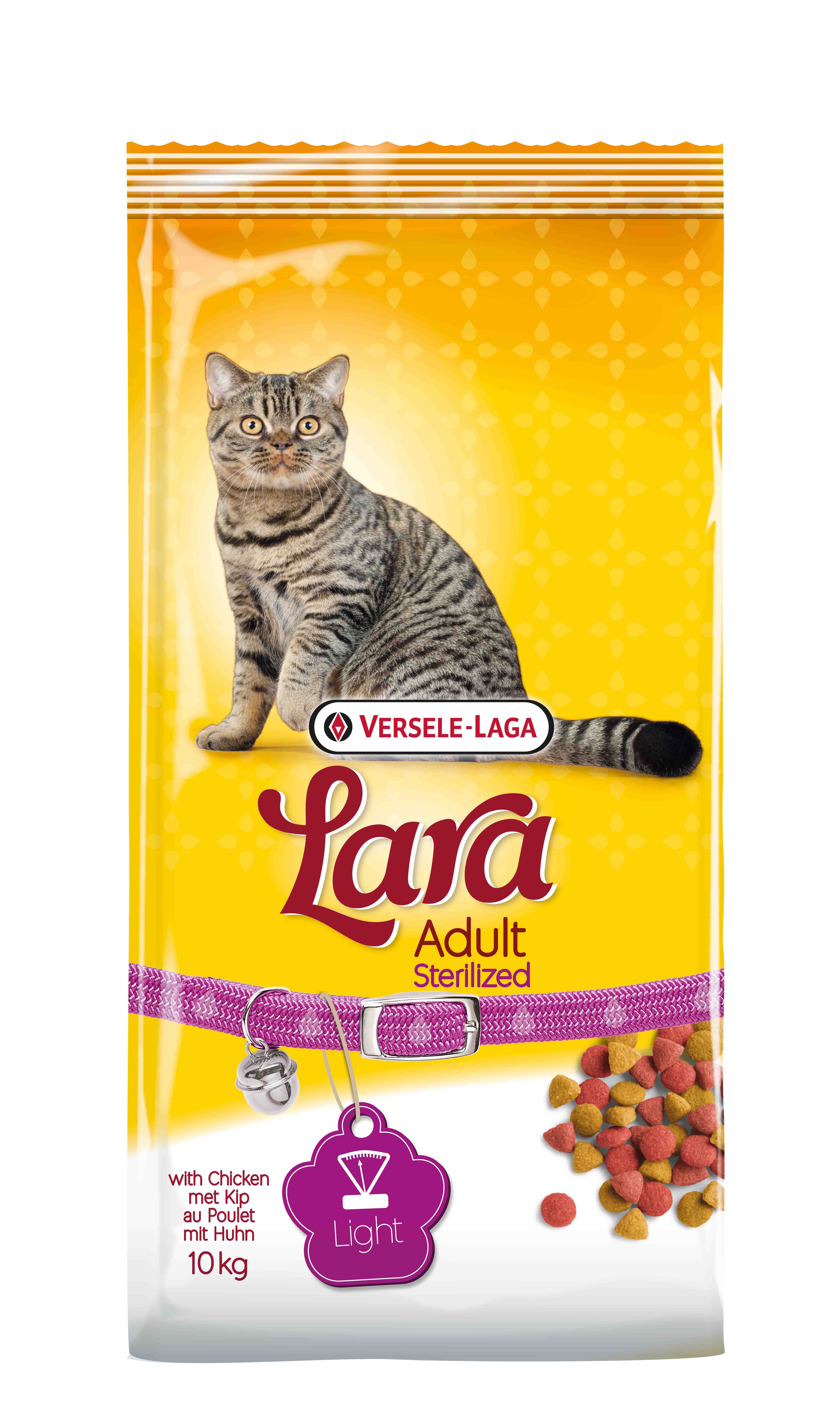 10-kg-Beutel Lara Adult Sterilized Katzenfutter mit Huhn von Versele-Laga – gelbe Verpackung mit getigerter Katze, lilafarbenem Halsbandmotiv, bunten Kroketten und Anhänger mit Aufdruck ‚Light‘.