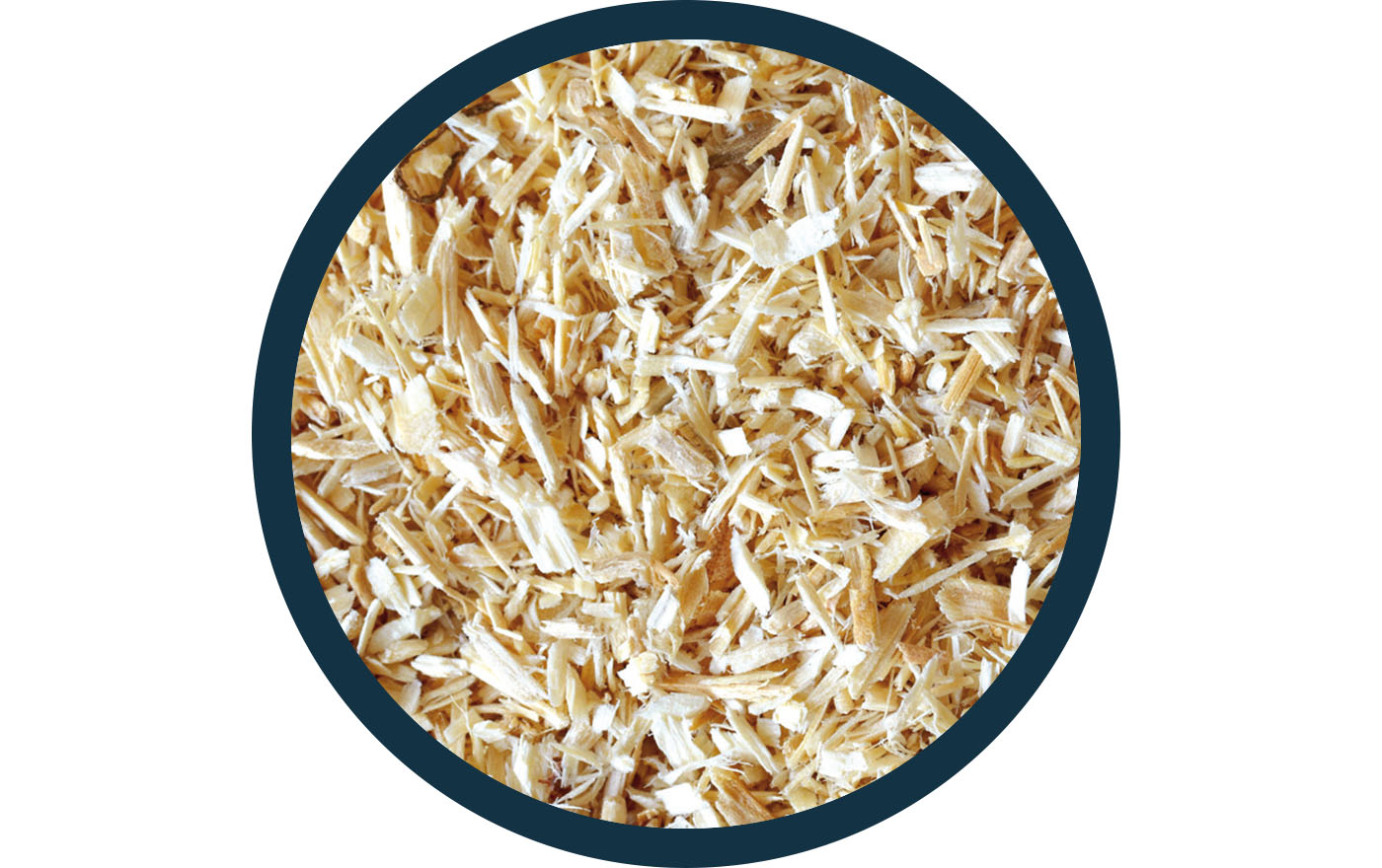 Nahaufnahme von feinen, hellen Holzspänen in einem kreisförmigen Rahmen mit dunkelblauem Rand.